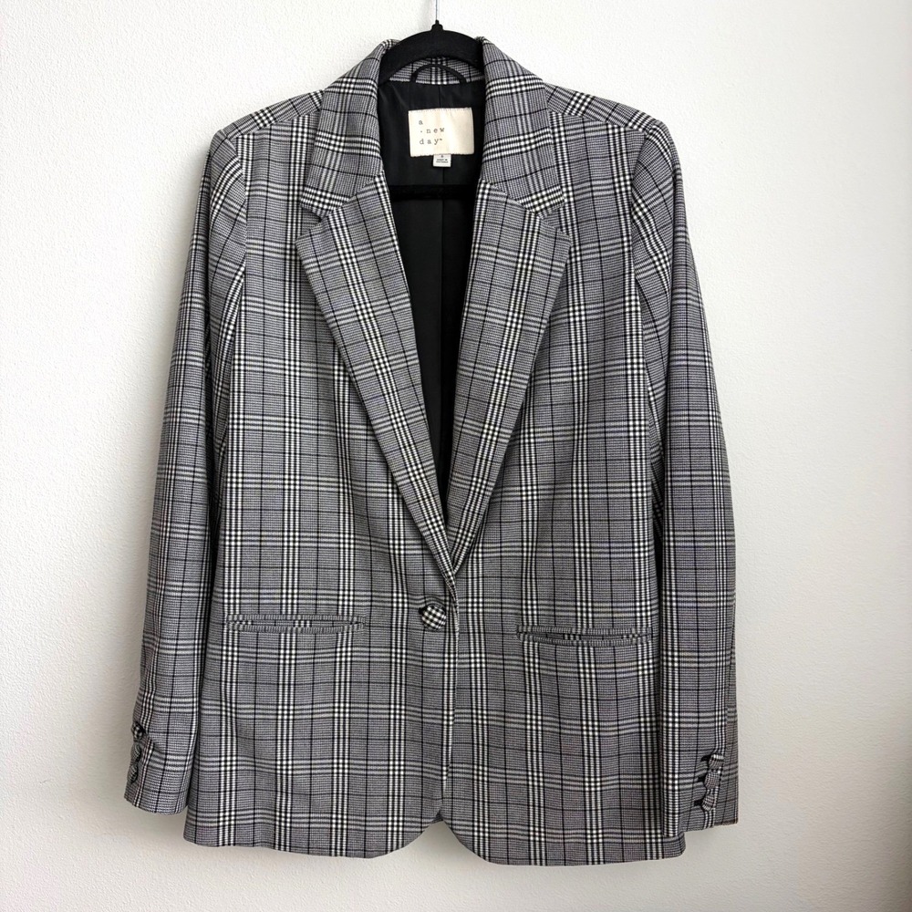 A New Day Womens Plaid Single Button Blazer Black White Glen Check Size 6